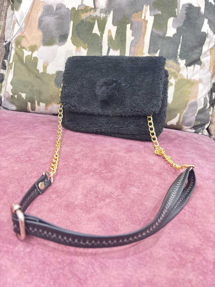 Black Furry Sling Bag