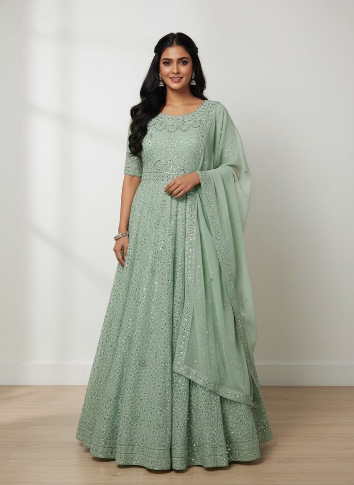 festive special mirror work long gown full sleeves