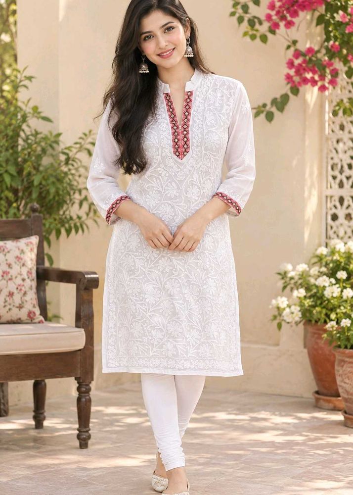 🩷🤍 Chikankari White Kurti with Pink Work
