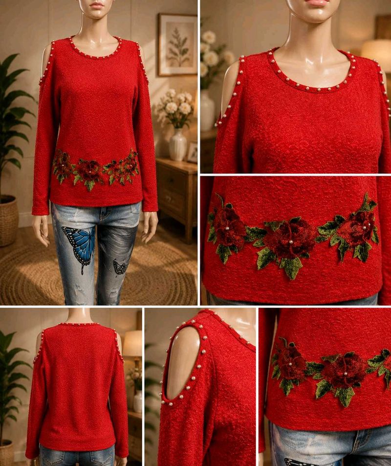 Red Cold Shoulder Embellished Top