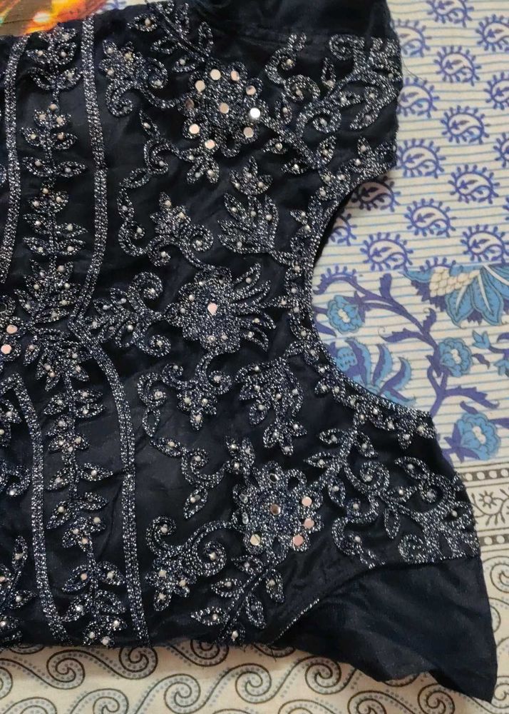 Embellished Dark Blue Silk Blouse