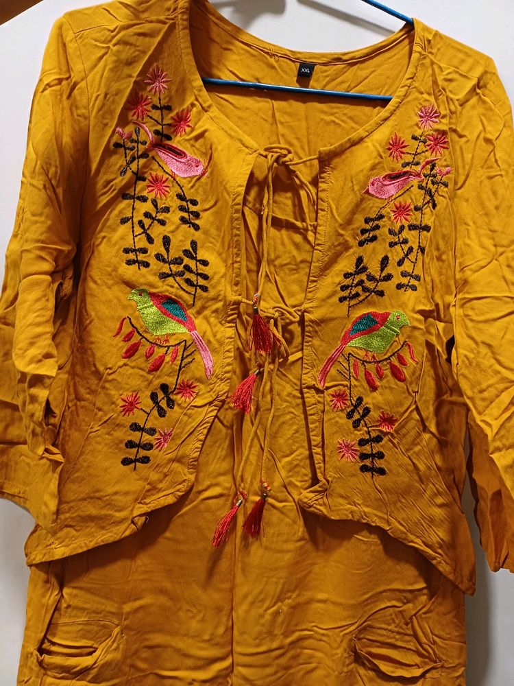 Yellow Kurti With Attach Jacket Style For Women