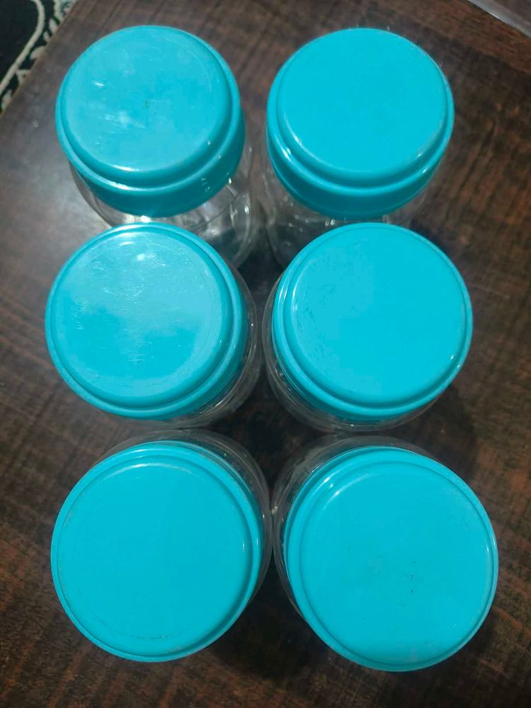 Set of 6 Clear Jars with Teal Lids