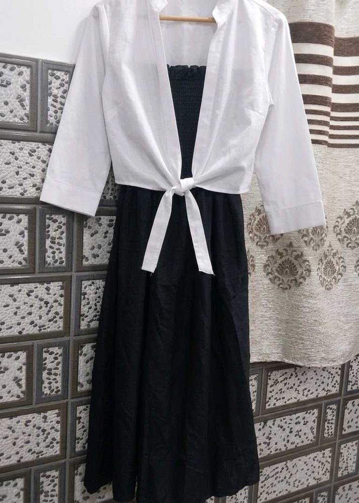 Chic Black Dress with White Tie-Front Shrug