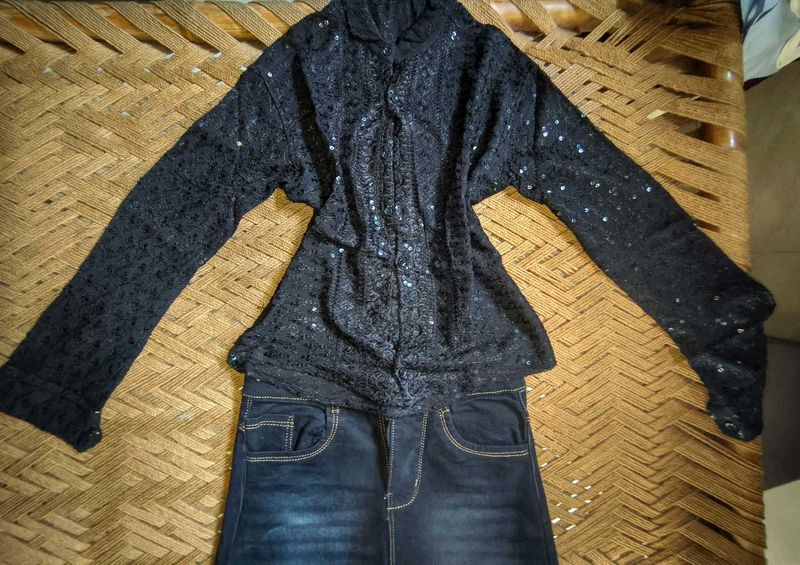 Sparkling Black Lace Blouse with Jeans