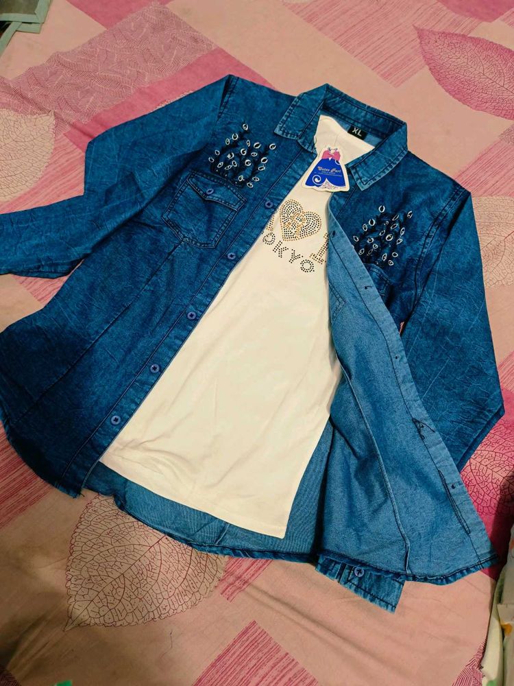 Denim Shirt Jacket &amp; Tee Set - XL