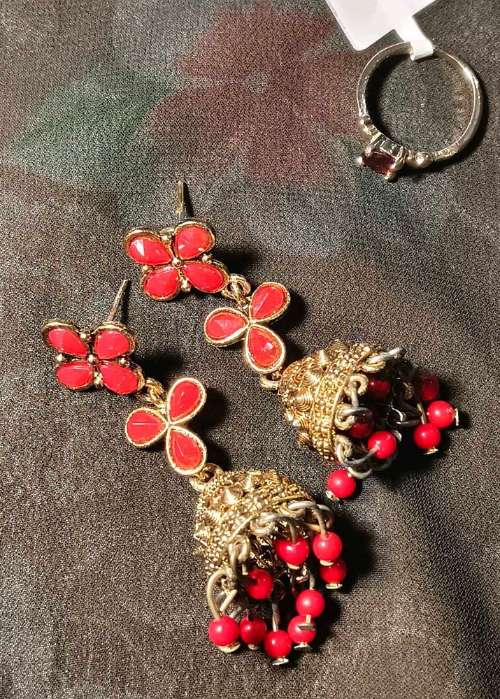 Red &amp; Gold Ethnic Earrings &amp; Ring✨❤️