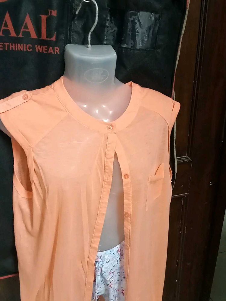 Peach Sleeveless Mandarin Collar Shirt