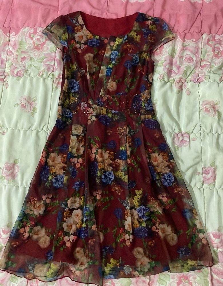 Floral Print Sheer Overlay vintage Dress