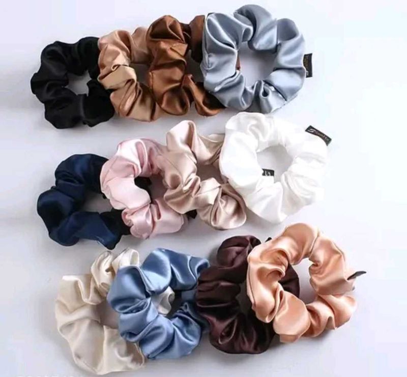 12 Satin Scrunchies Set - Assorted Colors