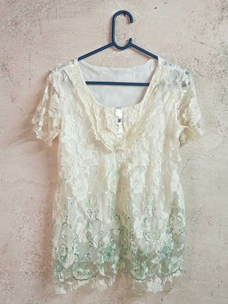 Sheer Lace Blouse Top White Layered