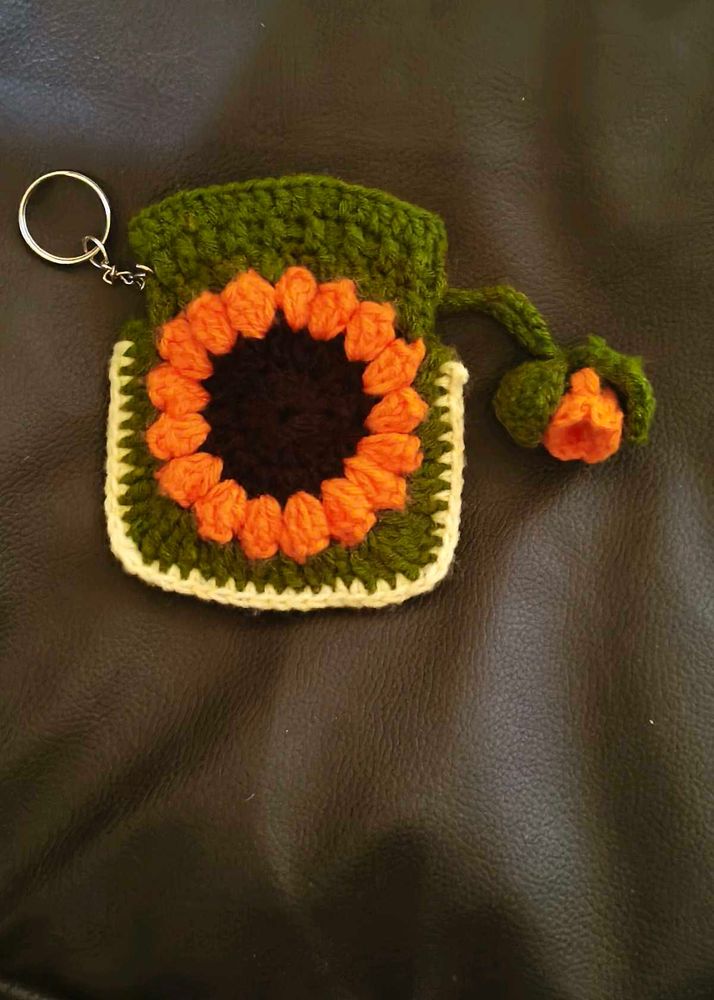 Handmade Crochet Sunflower Coin Pouch Keychain