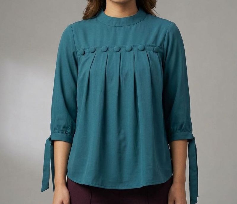 Teal Pleated Button Detail Top