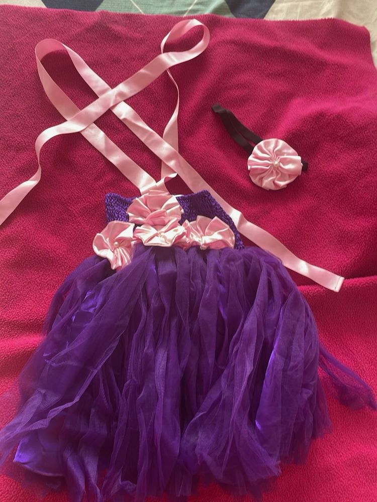 Purple Backless Frock For Newborn With Headband