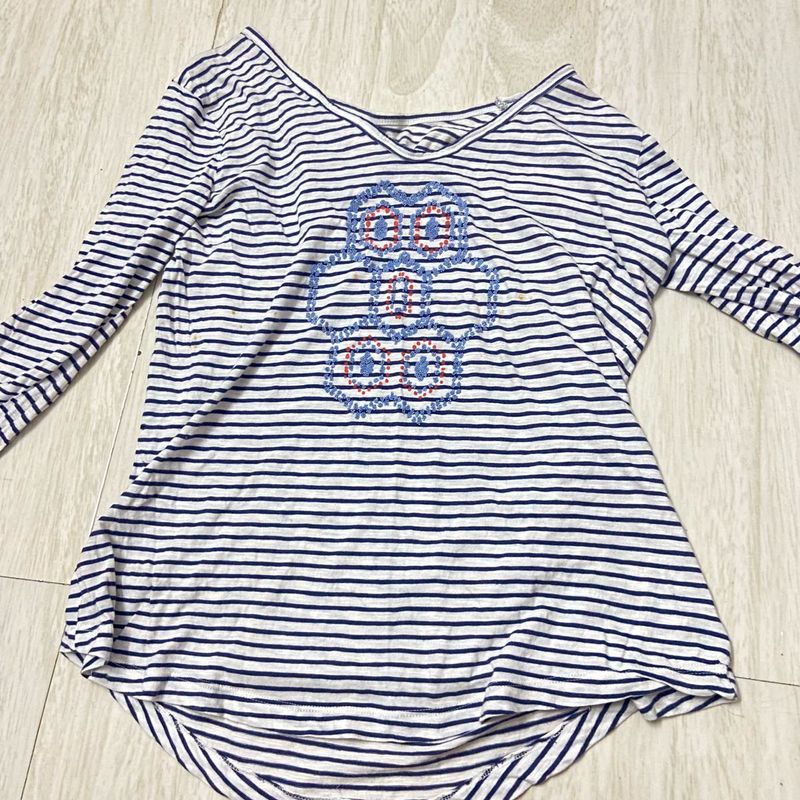 Striped off shoulder Long Sleeve Top with Embroide