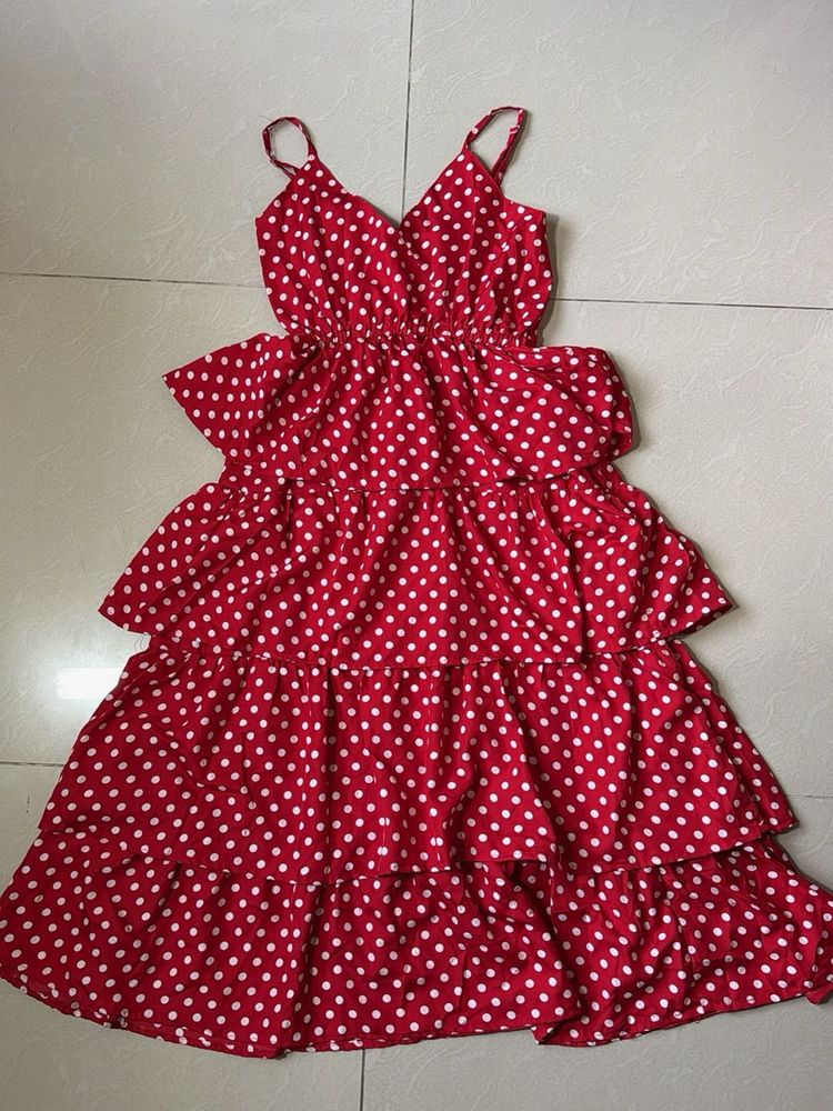 Chic Red Polka Dot Tiered Mini Dress