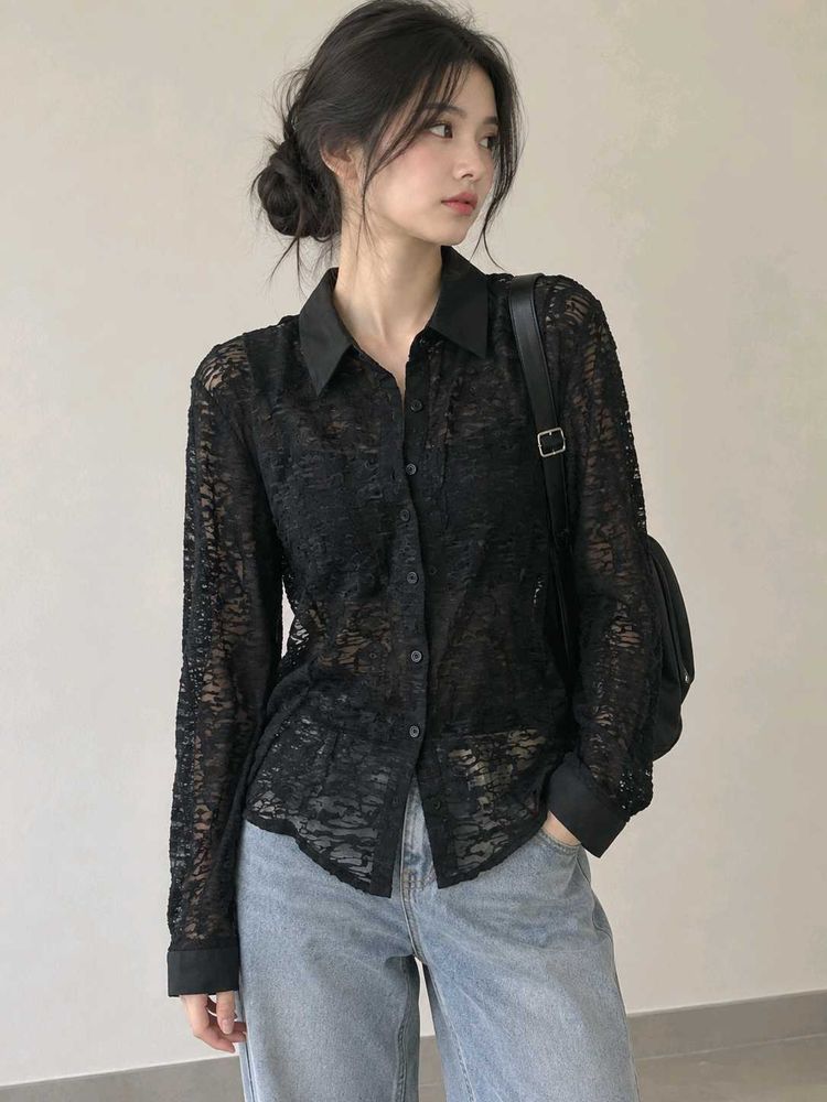 Chic Black Lace Button-Up Shirt