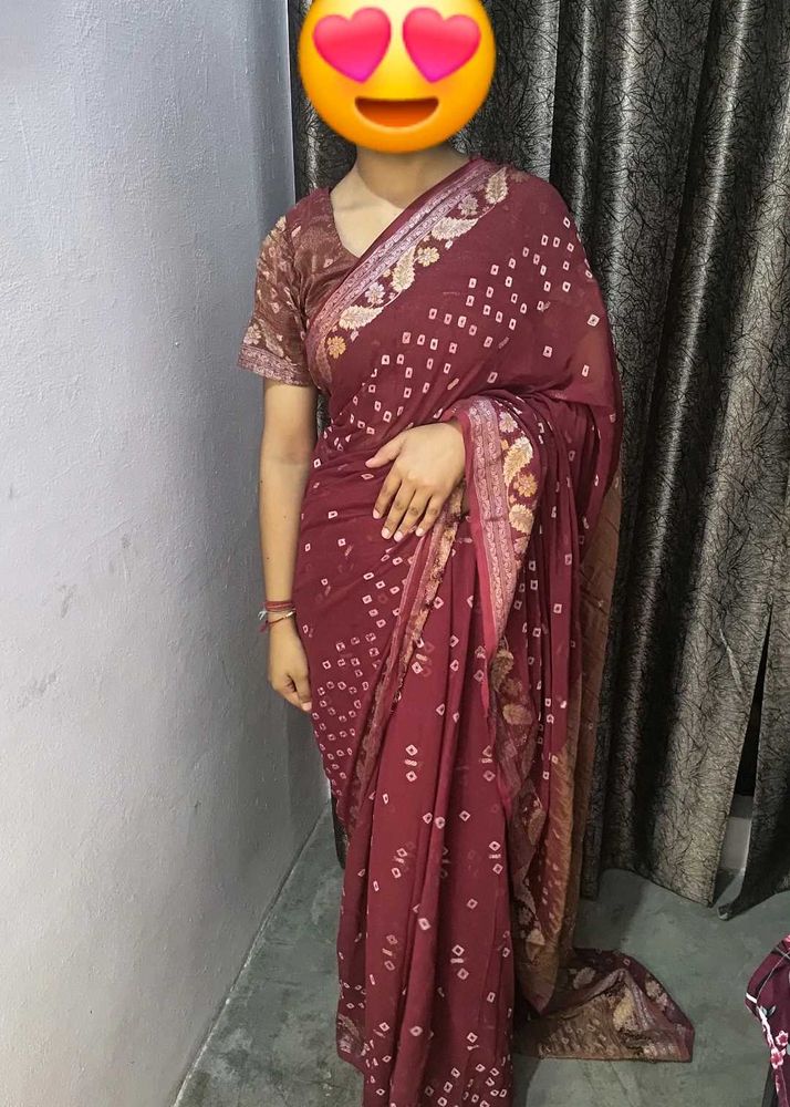 Elegant Maroon Saree with stitched