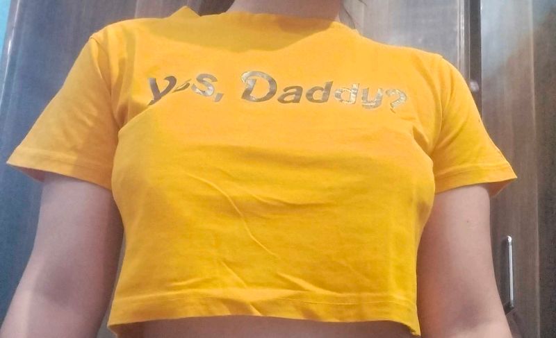 Yellow "Yes, Daddy?" Graphic Crop Top