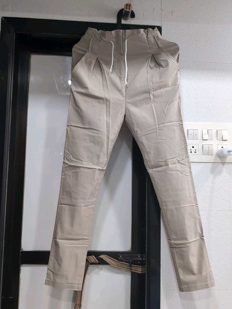 Beige Pleated Cargo Pants