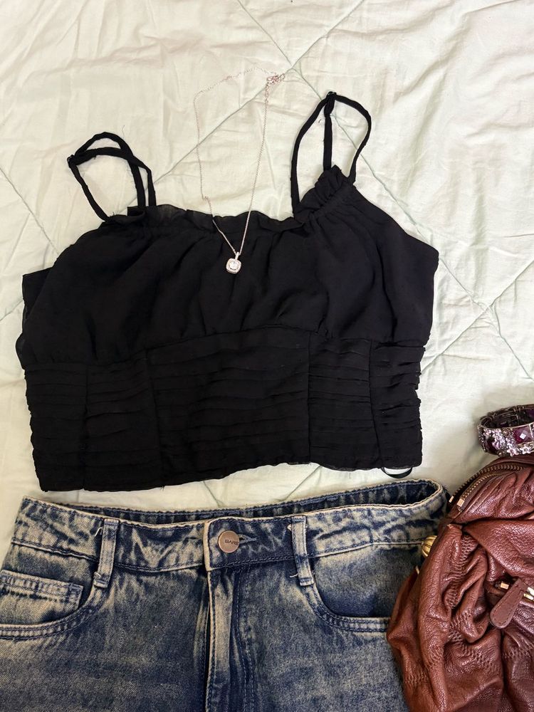 Black Ruffled Crop Top