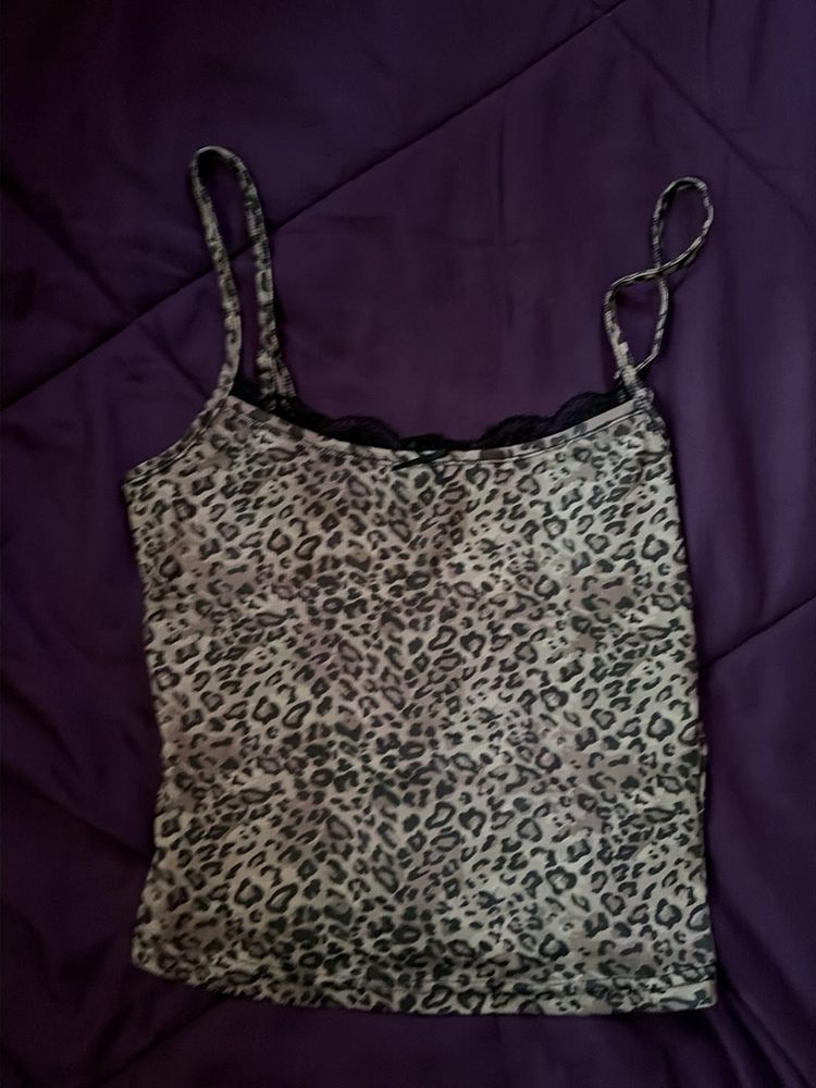 Leopard Print Lace Trim Cami Top