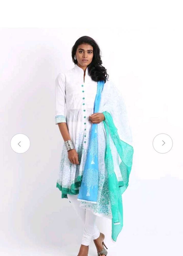 White Kurta with Blue &amp; Green Dupatta