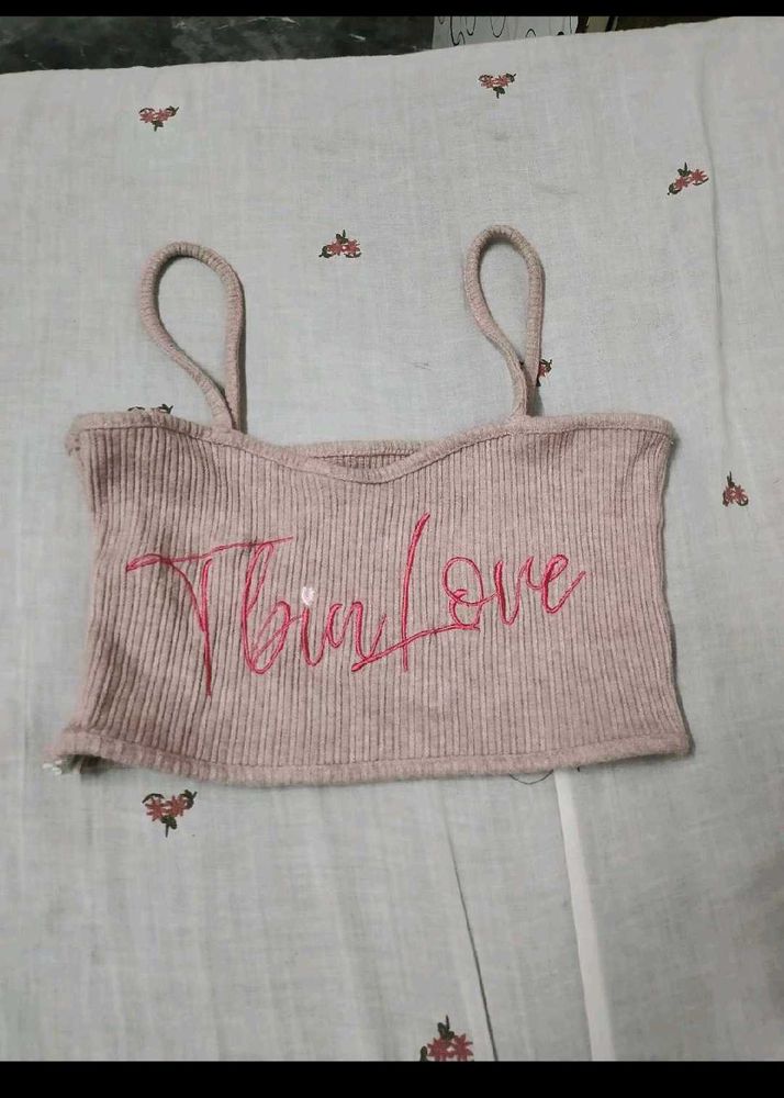 Pink Ribbed Crop Top with "Thin Love" Embroidery