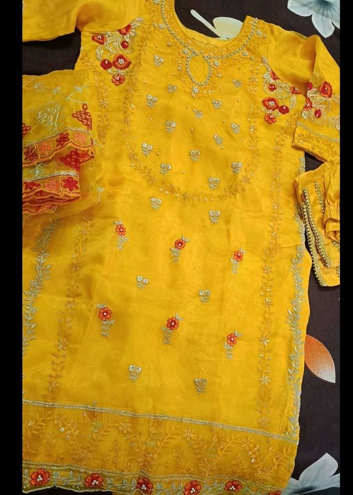 Mustard pakistani Embroidered Kurta Set with Dupat