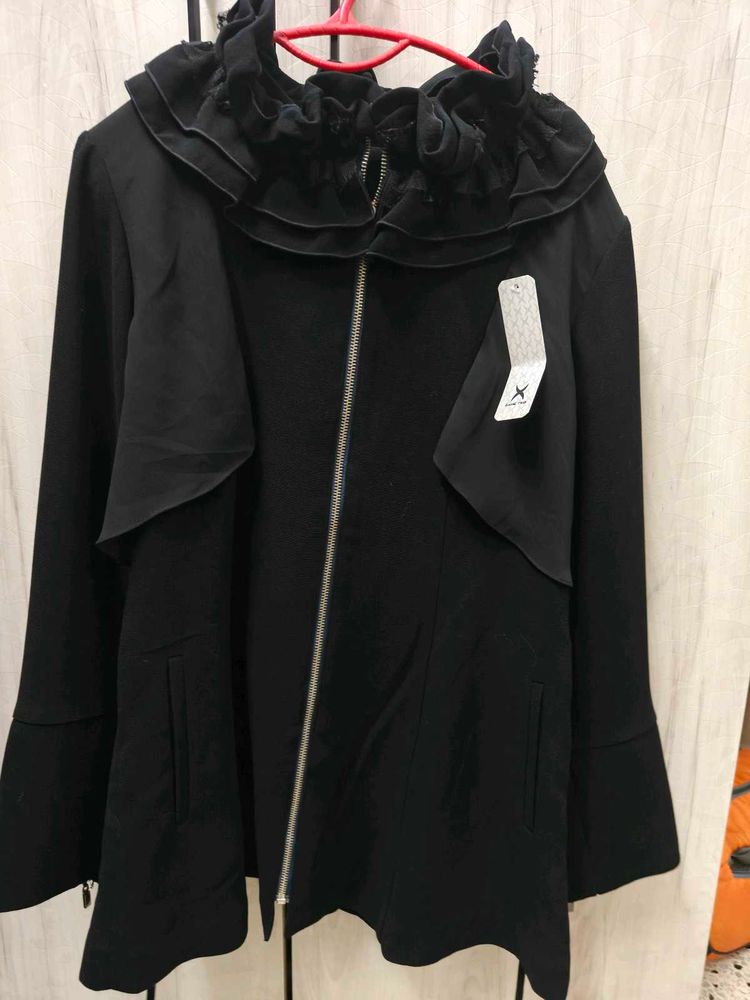 Unique Black Ruffle Collar Jacket