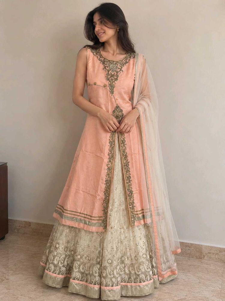 Peach &amp; Cream Embellished Lehenga Choli Set