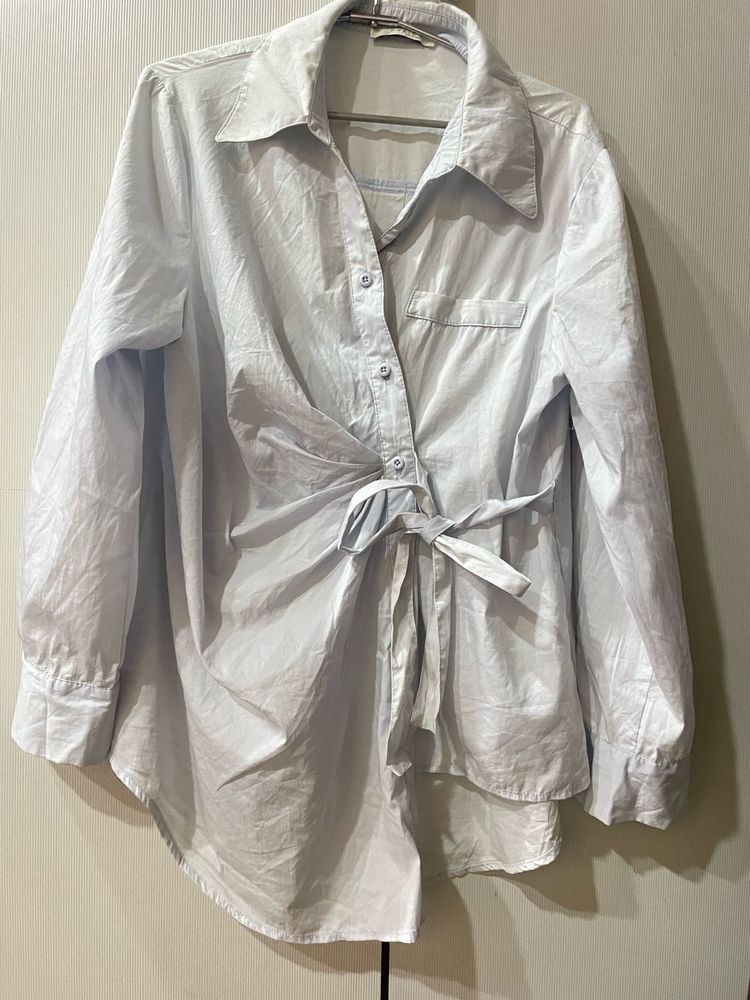 Chic Blue Tie-Front Button-Up Shirt
