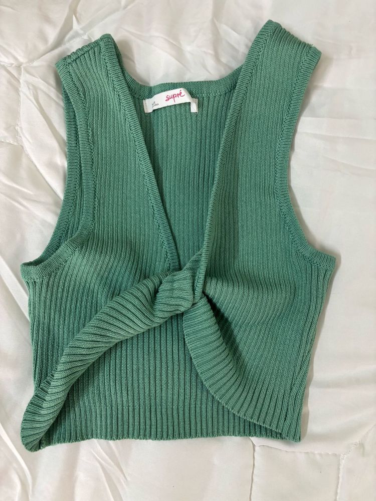 Green Ribbed Twist Front Sleeveless Top
