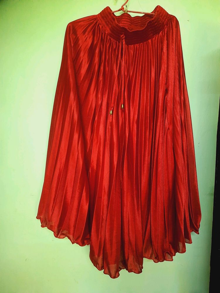 Red Glossy Pleated Skirt