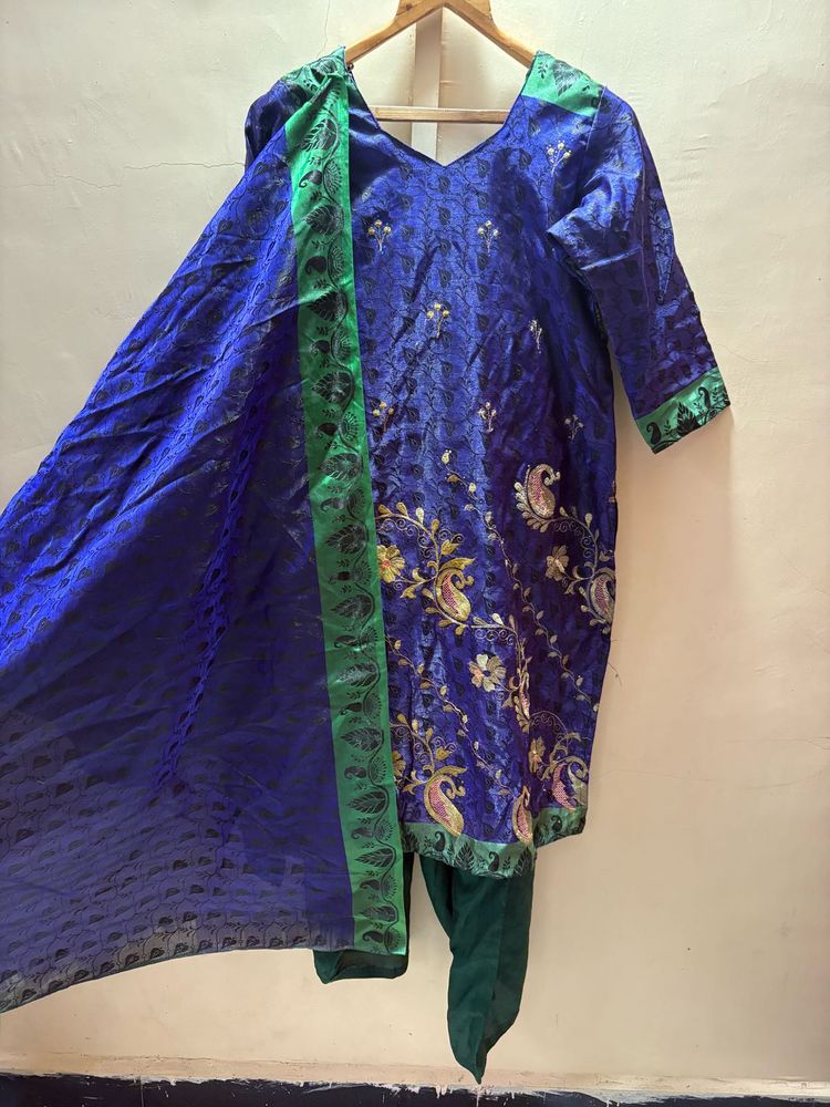 Royal Blue Pakistani Dress with Green Accents