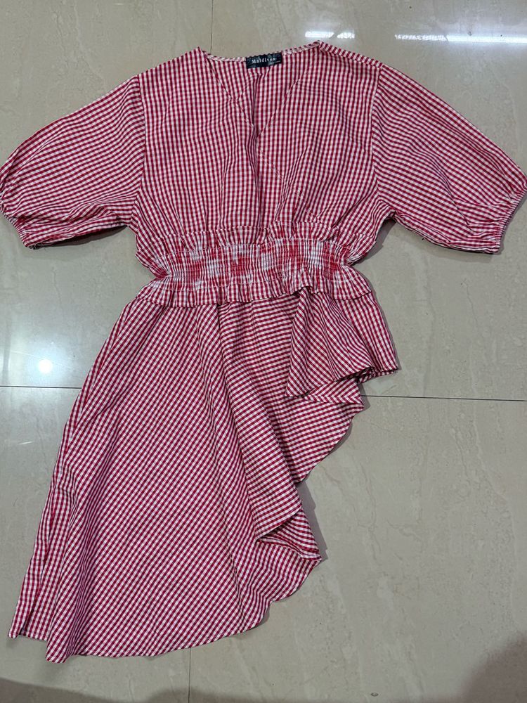 Red Gingham Asymmetrical Ruffle top