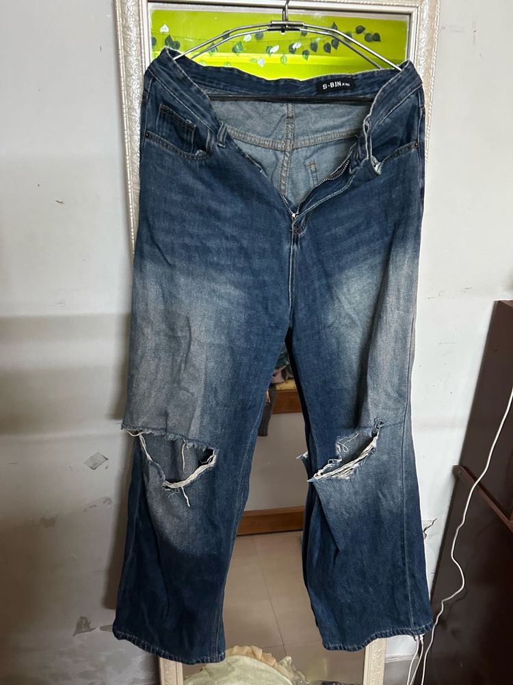 Distressed Blue Wash Wide Leg Jeans