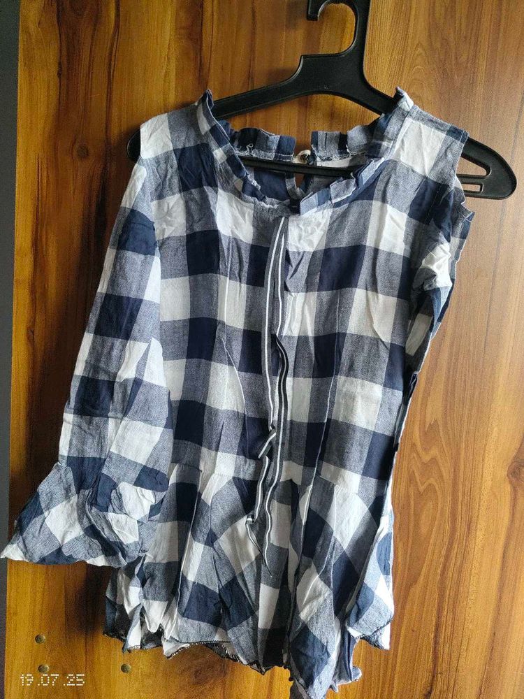 Blue &amp; White Checkered Cold Shoulder Top