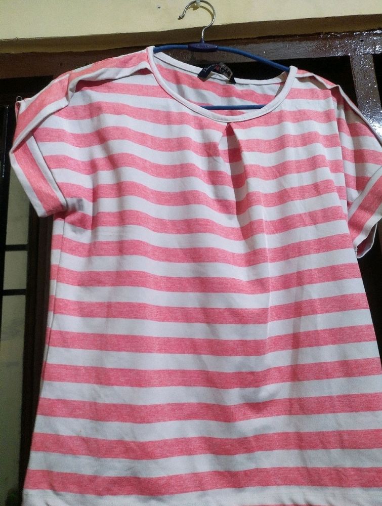 Women's Pink &amp; White Striped Casual Cotton Top