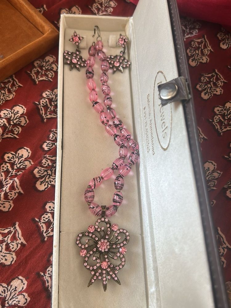 Pink Beaded Necklace &amp; Earring Victorian Set