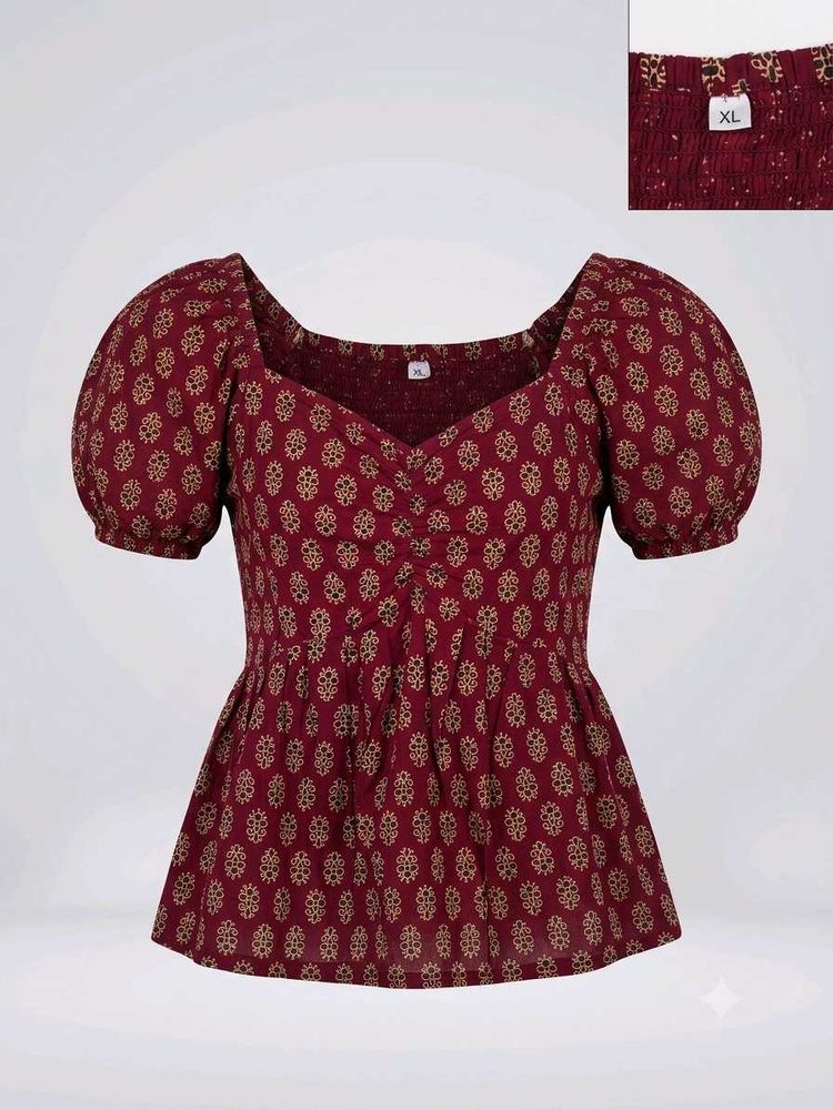 Maroon Printed Puff Sleeve Top