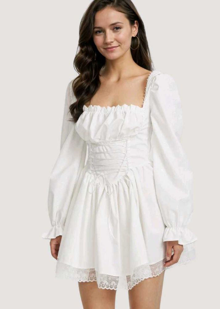 Savana White Puff Sleeve Lace Trim Dress