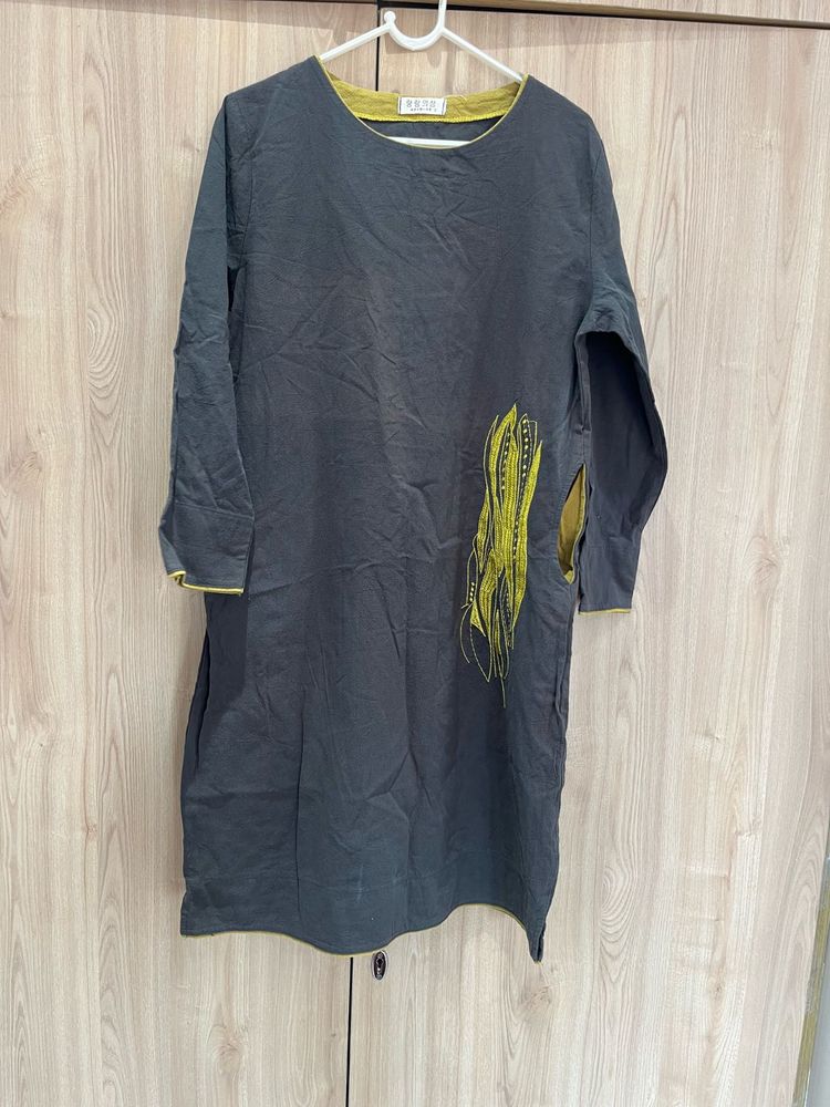 Dark Grey Kurta with Yellow Accent