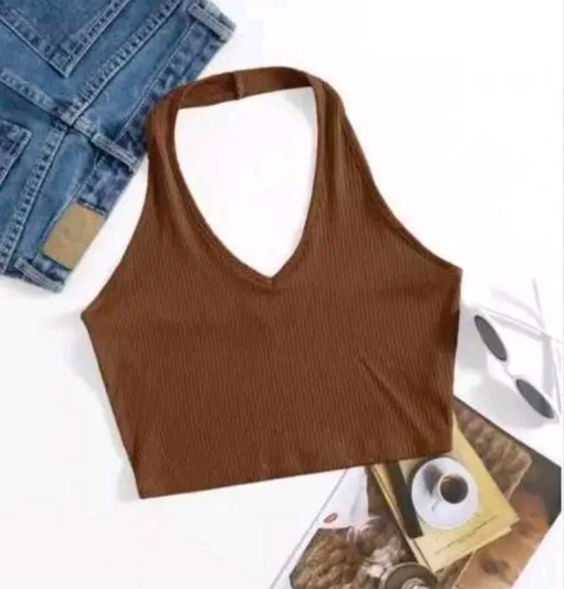 Brown Ribbed Halter Neck Crop Top