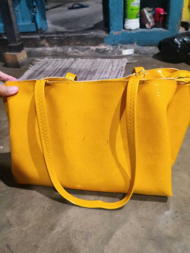 Bright Yellow Faux Leather Tote Bag