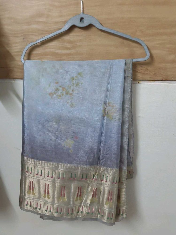 Elegant Grey+ light bluish Floral Saree