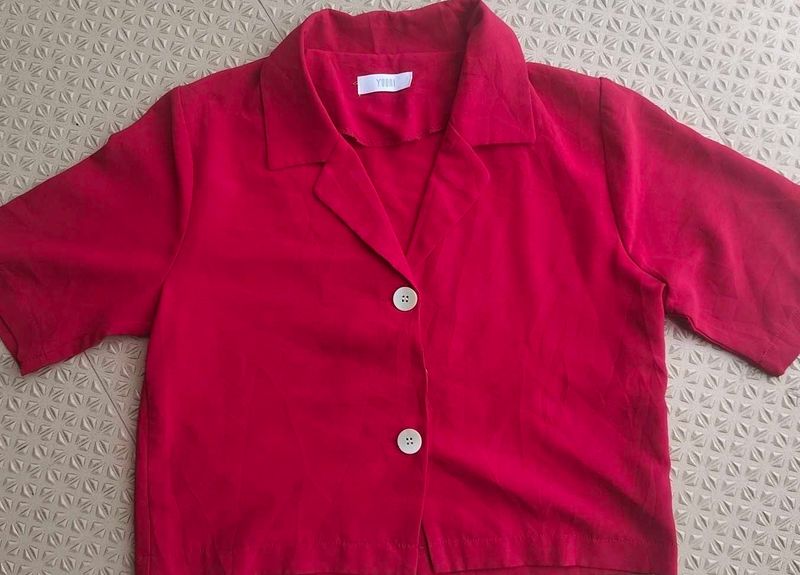 Vibrant Red Cropped Button-Up Top