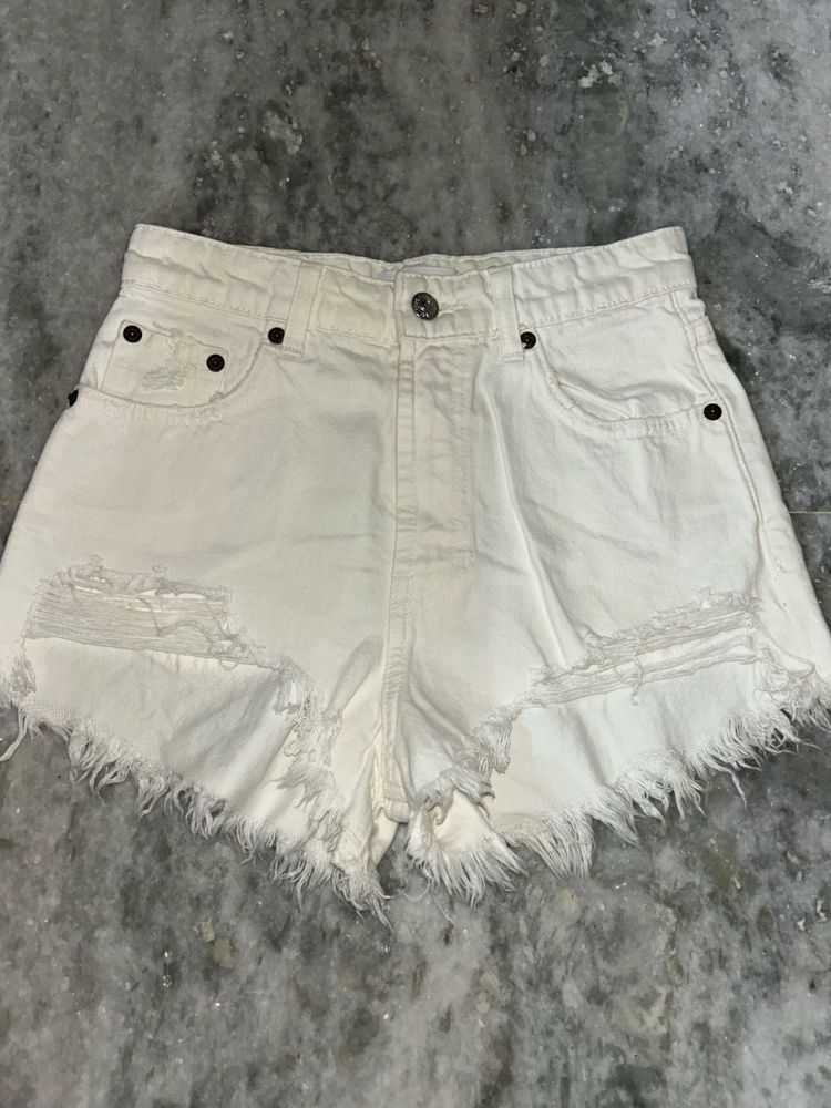 ZARA White Ripped Denim Shorts