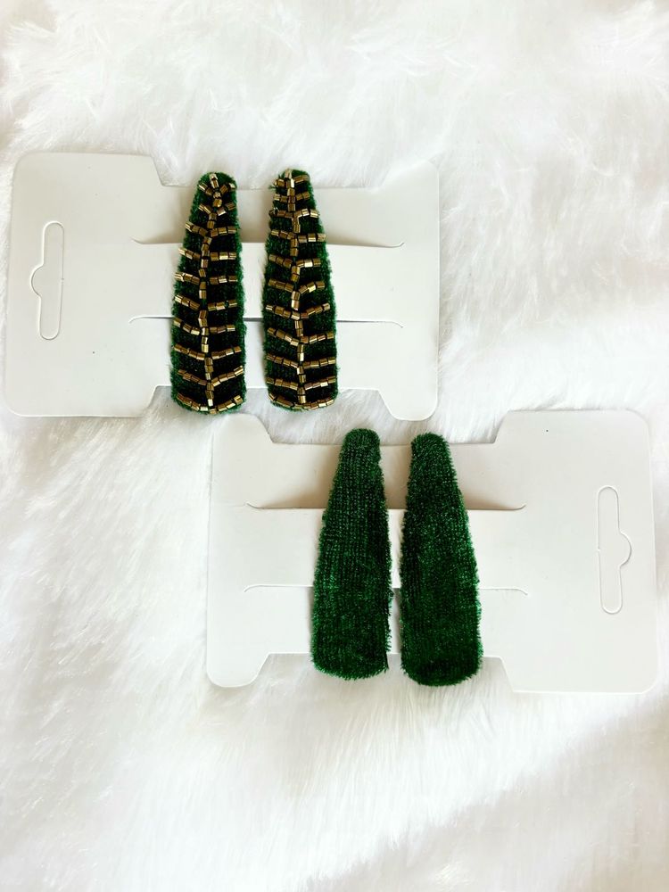 Green Velvet Hair Clips - Set of 4