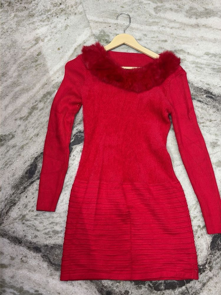 Chic Red Faux Fur Trimmed Sweater Dress
